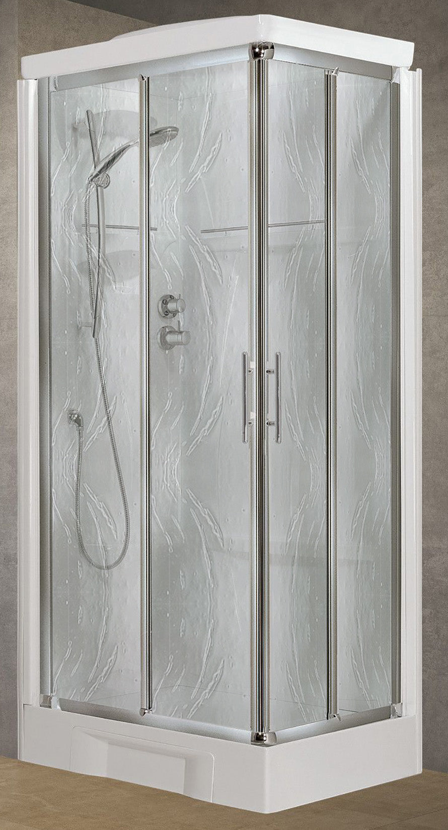 Novellini New Holiday A80 Standard Con Tettuccio 80x80 cm Cabina Doccia Multifunzione Apertura 2 Ante Scorrevoli e 2 Fisse Pannelli Fondo Reversibili Miscelatore Meccanico Vetro Aqua Profilo Silver Piatto Ripiani Asta Doccetta Mano Seduta Alto 217,5 cm