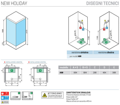 Novellini New Holiday A80 Standard Con Tettuccio 80x80 cm Cabina Doccia Multifunzione Apertura 2 Ante Scorrevoli 2 Fisse Pannelli Fondo Reversibili Miscelatore Termostatico Vetro Trasparente Profilo Silver Piatto Ripiani Asta Doccetta Seduta Alto 217,5cm