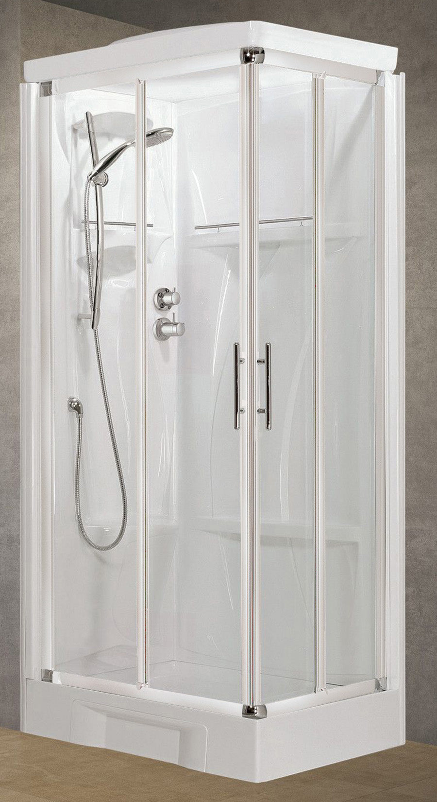 Novellini New Holiday A80 Standard Con Tettuccio 80x80 cm Cabina Doccia Multifunzione Apertura 2 Ante a Scorrevoli e 2 Fisse Pannelli Fondo Reversibili Miscelatore Meccanico Vetro Trasparente Profilo Bianco Piatto Ripiani Asta Doccetta Seduta Alto 217,5cm