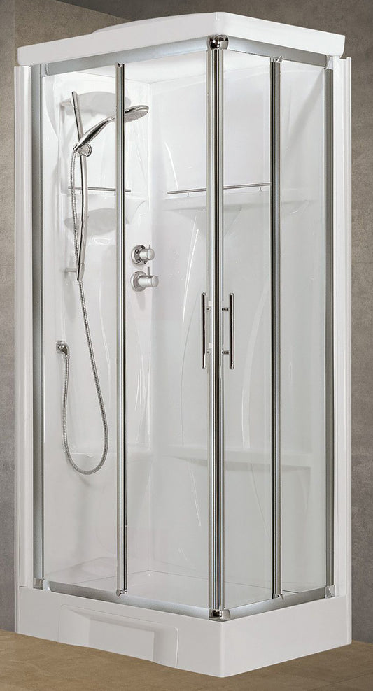 Novellini New Holiday A80 Standard Con Tettuccio 80x80 cm Cabina Doccia Multifunzione Apertura 2 Ante Scorrevoli 2 Fisse Pannelli Fondo Reversibili Miscelatore Termostatico Vetro Trasparente Profilo Silver Piatto Ripiani Asta Doccetta Seduta Alto 217,5cm