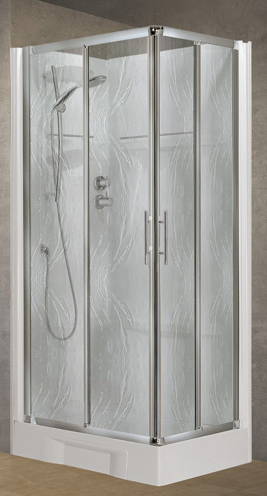Novellini New Holiday A80 Standard 80x80 cm Cabina Doccia Multifunzione Apertura 2 Ante a Scorrevoli e 2 Fisse Installazione Pannelli Fondo Reversibili Miscelatore Termostatico Vetro Aqua Profilo Silver Piatto Ripiani Doccetta a Mano Seduta Altezza 206cm