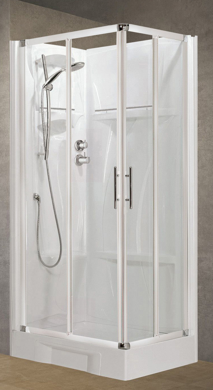 Novellini New Holiday A80 Standard 80x80 cm Cabina Doccia Multifunzione Apertura 2 Ante a Scorrevoli e 2 Fisse Installazione Pannelli Fondo Reversibili Miscelatore Meccanico Vetro Trasparente Profilo Bianco Piatto Ripiani Doccetta Seduta Altezza 206 cm