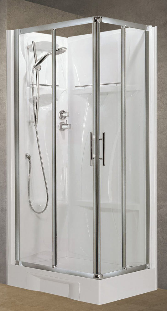 Novellini New Holiday A80 Standard 80x80 cm Cabina Doccia Multifunzione Apertura 2 Ante a Scorrevoli e 2 Fisse Installazione Pannelli Fondo Reversibili Miscelatore Meccanico Vetro Trasparente Profilo Silver Piatto Ripiani Doccetta Seduta Altezza 206 cm