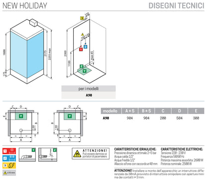 Novellini New Holiday A90 Hammam 90x90 cm Cabina Doccia Multifunzione Apertura 2 Ante Scorrevoli Angolo Destro Sinistro Miscelatore Meccanico Vetro Aqua Profilo Bianco Idro Sauna Tettuccio Soffione Radio Telecomando Asta Doccetta Mano Altezza 225,5 cm
