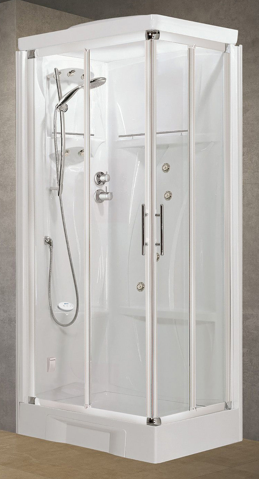 Novellini New Holiday A90 Hammam 90x90 cm Cabina Doccia Multifunzione Apertura 2 Ante Scorrevoli Angolo Destro Sinistro Miscelatore Termostatico Vetro Trasparente Profilo Bianco Idro Sauna Tettuccio Soffione Radio Telecomando Asta Doccetta Alto 225,5 cm