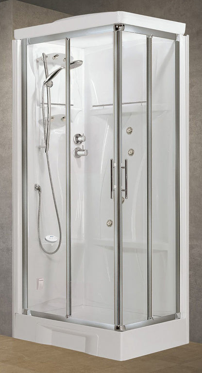 Novellini New Holiday A90 Hammam 90x90 cm Cabina Doccia Multifunzione Apertura 2 Ante Scorrevoli Angolo Destro Sinistro Miscelatore Termostatico Vetro Trasparente Profilo Silver Idro Sauna Tettuccio Soffione Radio Telecomando Asta Doccetta Alto 225,5 cm