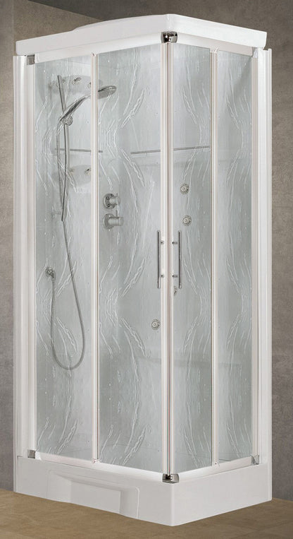 Novellini New Holiday A90 Idromassaggio Con Tettuccio e Soffione 90x90 cm Cabina Doccia Multifunzione Apertura 2 Ante Scorrevoli e 2 Fisse Angolare Destro Sinistro Miscelatore Meccanico Vetro Aqua Profilo Bianco Asta Saliscendi Rotopioggia Altezza 217,5cm