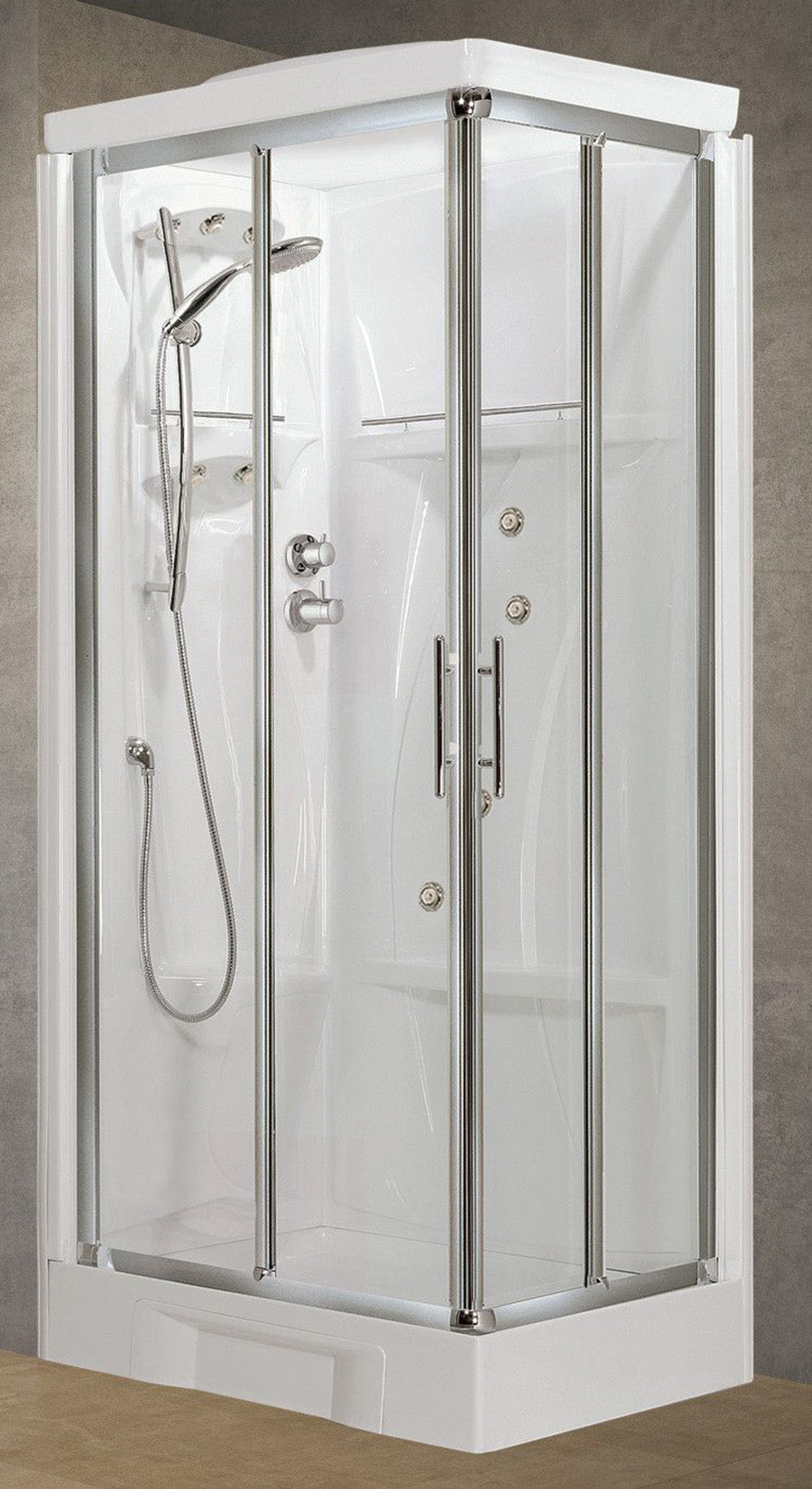 Novellini New Holiday A90 Idromassaggio Con Tettuccio e Soffione 90x90 cm Cabina Doccia Multifunzione Apertura 2 Ante Scorrevoli e 2 Fisse Angolare Destro Sinistro Miscelatore Termostatico Vetro Trasparente Profilo Silver Asta Rotopioggia Altezza 217,5 cm