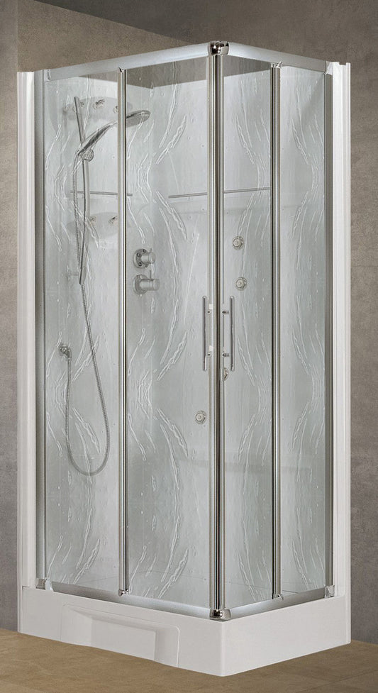 Novellini New Holiday A90 Idromassaggio 90x90 cm Cabina Doccia Multifunzione Apertura 2 Ante Scorrevoli e 2 Fisse Angolo Destro Sinistro Miscelatore Termostatico Vetro Aqua Profilo Silver Piatto Ripiani Asta Doccetta Mano Rotopioggia Seduta Altezza 206 cm