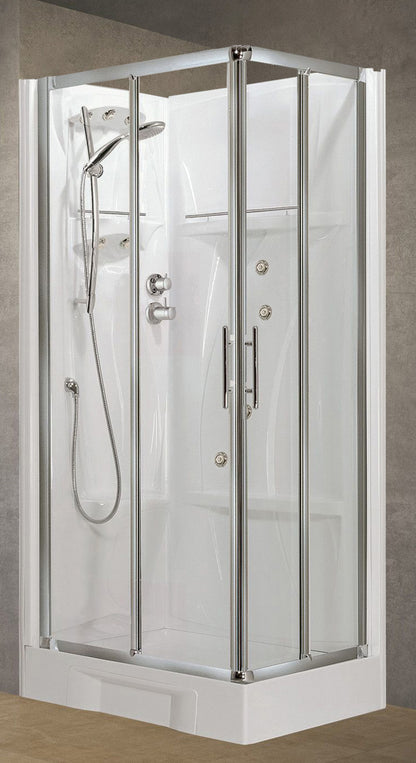 Novellini New Holiday A90 Idromassaggio 90x90 cm Cabina Doccia Multifunzione Apertura 2 Ante Scorrevoli 2 Fisse Angolo Destro Sinistro Miscelatore Termostatico Vetro Trasparente Profilo Silver Piatto Ripiani Doccetta Mano Rotopioggia Seduta Altezza 206 cm