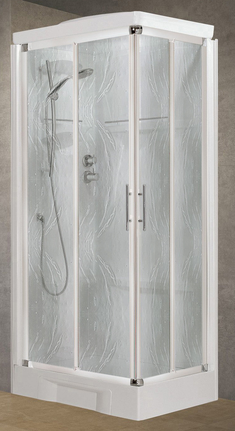 Novellini New Holiday A90 Standard Con Tettuccio 90x90 cm Cabina Doccia Multifunzione Apertura 2 Ante Scorrevoli e 2 Fisse Angolo Destro Sinistro Miscelatore Meccanico Vetro Aqua Profilo Bianco Piatto Ripiani Asta Doccetta Mano Seduta Altezza 217,5 cm