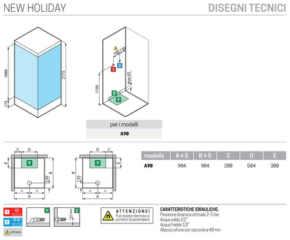 Novellini New Holiday A90 Standard Con Tettuccio 90x90 cm Cabina Doccia Multifunzione Apertura 2 Ante Scorrevoli e 2 Fisse Angolo Destro Sinistro Miscelatore Meccanico Vetro Trasparente Profilo Bianco Piatto Ripiani Asta Doccetta Seduta Altezza 217,5 cm