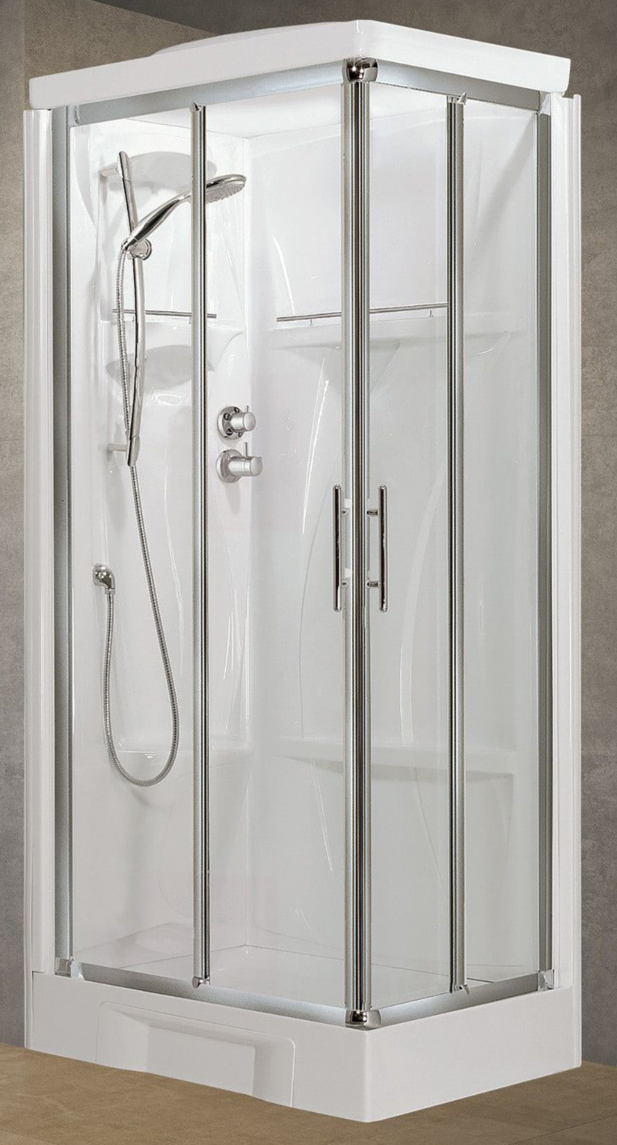 Novellini New Holiday A90 Standard Con Tettuccio 90x90 cm Cabina Doccia Multifunzione Apertura 2 Ante Scorrevoli e 2 Fisse Angolo Destro Sinistro Miscelatore Meccanico Vetro Trasparente Profilo Silver Piatto Ripiani Asta Doccetta Seduta Altezza 217,5 cm