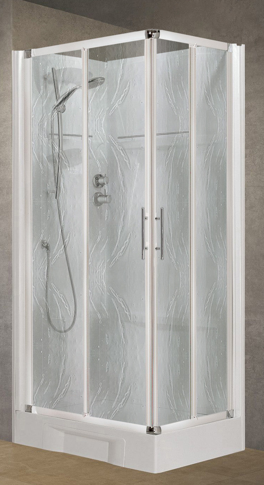 Novellini New Holiday A90 Standard 90x90 cm Cabina Doccia Bagno Multifunzione Apertura 2 Ante Scorrevoli e 2 Fisse Installazione Angolare Destra Sinistra Miscelatore Meccanico Vetro Aqua Profilo Bianco Piatto Ripiani Doccetta Mano Seduta Altezza 206 cm