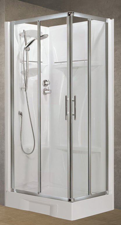 Novellini New Holiday A90 Standard 90x90 cm Cabina Doccia Bagno Multifunzione Apertura 2 Ante Scorrevoli e 2 Fisse Installazione Angolare Destra Sinistra Miscelatore Termostatico Vetro Trasparente Profilo Silver Piatto Ripiani Doccetta Seduta Alto 206 cm