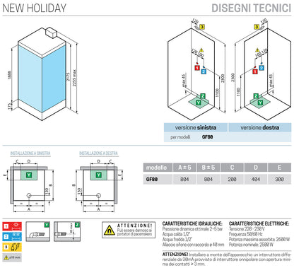 Novellini New Holiday GF80 Hammam 80x80 cm Cabina Doccia Multifunzione Apertura 1 Anta Battente Miscelatore Meccanico Vetro Aqua Profilo Bianco Pannelli Reversibili Idro Sauna Tettuccio Soffione Radio Telecomando Asta Saliscendi Doccetta Altezza 225,5 cm