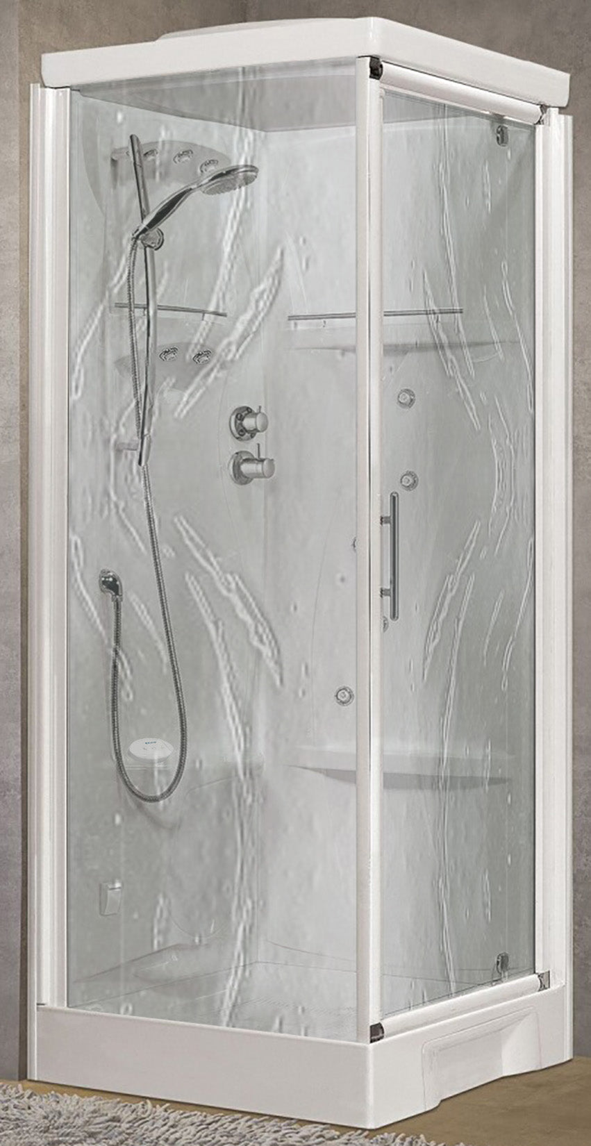 Novellini New Holiday GF80 Hammam 80x80 cm Cabina Doccia Multifunzione Apertura 1 Anta Battente Miscelatore Termostatico Vetro Aqua Profilo Bianco Pannelli Reversibili Idro Sauna Tettuccio Soffione Radio Telecomando Asta Saliscendi Doccetta Alto 225,5 cm