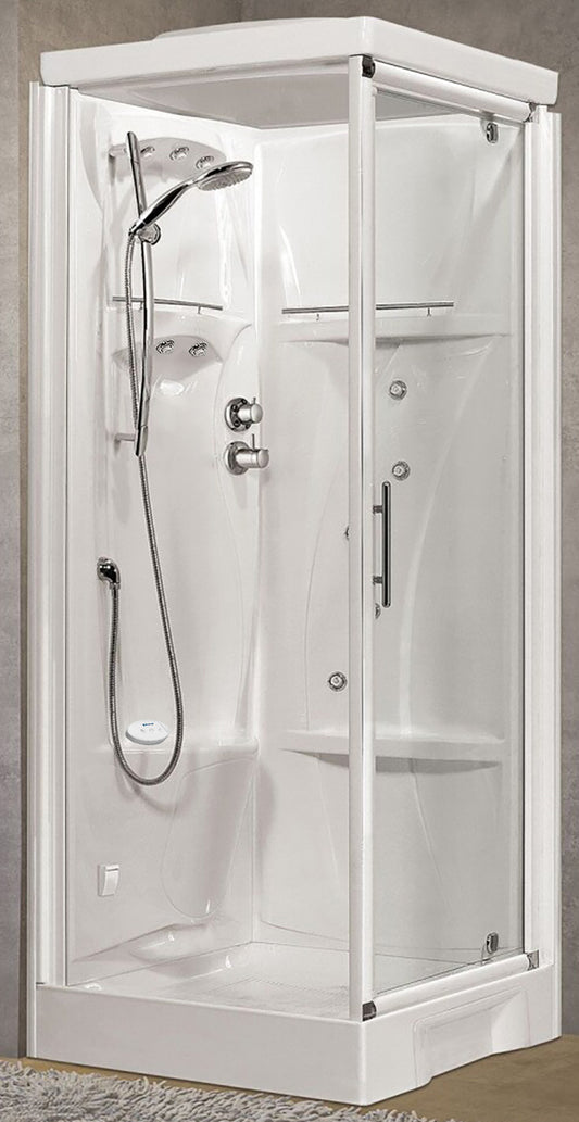 Novellini New Holiday GF80 Hammam 80x80 cm Cabina Doccia Multifunzione Apertura 1 Anta Battente Miscelatore Meccanico Vetro Trasparente Profilo Bianco Pannelli Reversibili Idro Sauna Tettuccio Soffione Radio Telecomando Asta Doccetta Altezza 225,5 cm