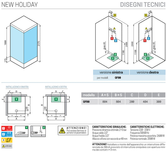 Novellini New Holiday GF80 Idromassaggio Con Tettuccio e Soffione 80x80 cm Cabina Doccia Multifunzione Apertura 1 Anta Battente Con Fisso Laterale Miscelatore Meccanico Vetro Trasparente Profilo Bianco Pannelli Fondo Reversibili Asta Altezza 217,5 cm