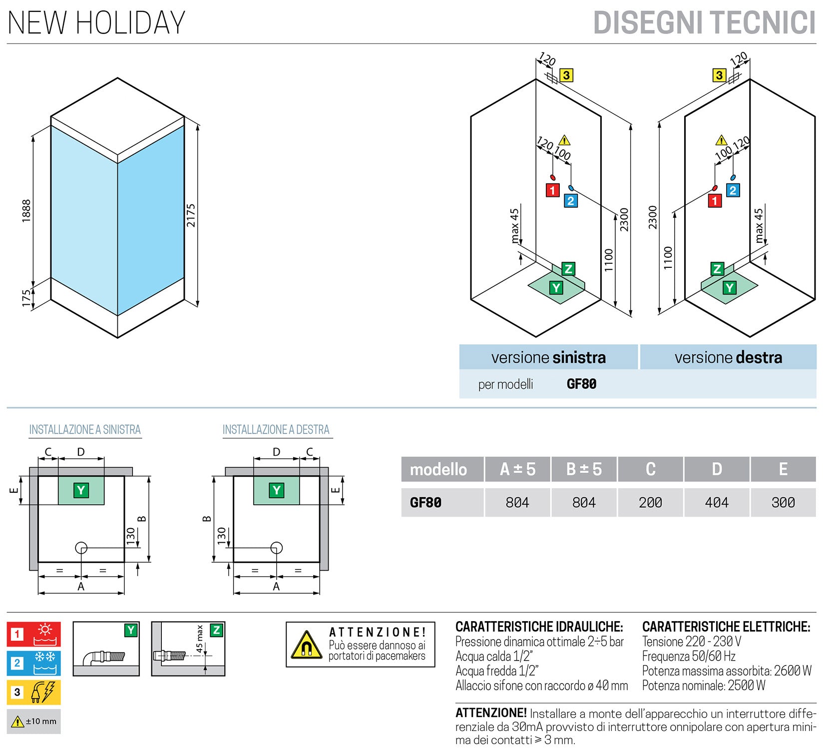 Novellini New Holiday GF80 Idromassaggio Con Tettuccio e Soffione 80x80 cm Cabina Doccia Multifunzione Apertura 1 Anta Battente Con Fisso Laterale Miscelatore Termostatico Vetro Aqua Profilo Silver Pannelli Fondo Reversibili Asta Saliscendi Alto 217,5 cm