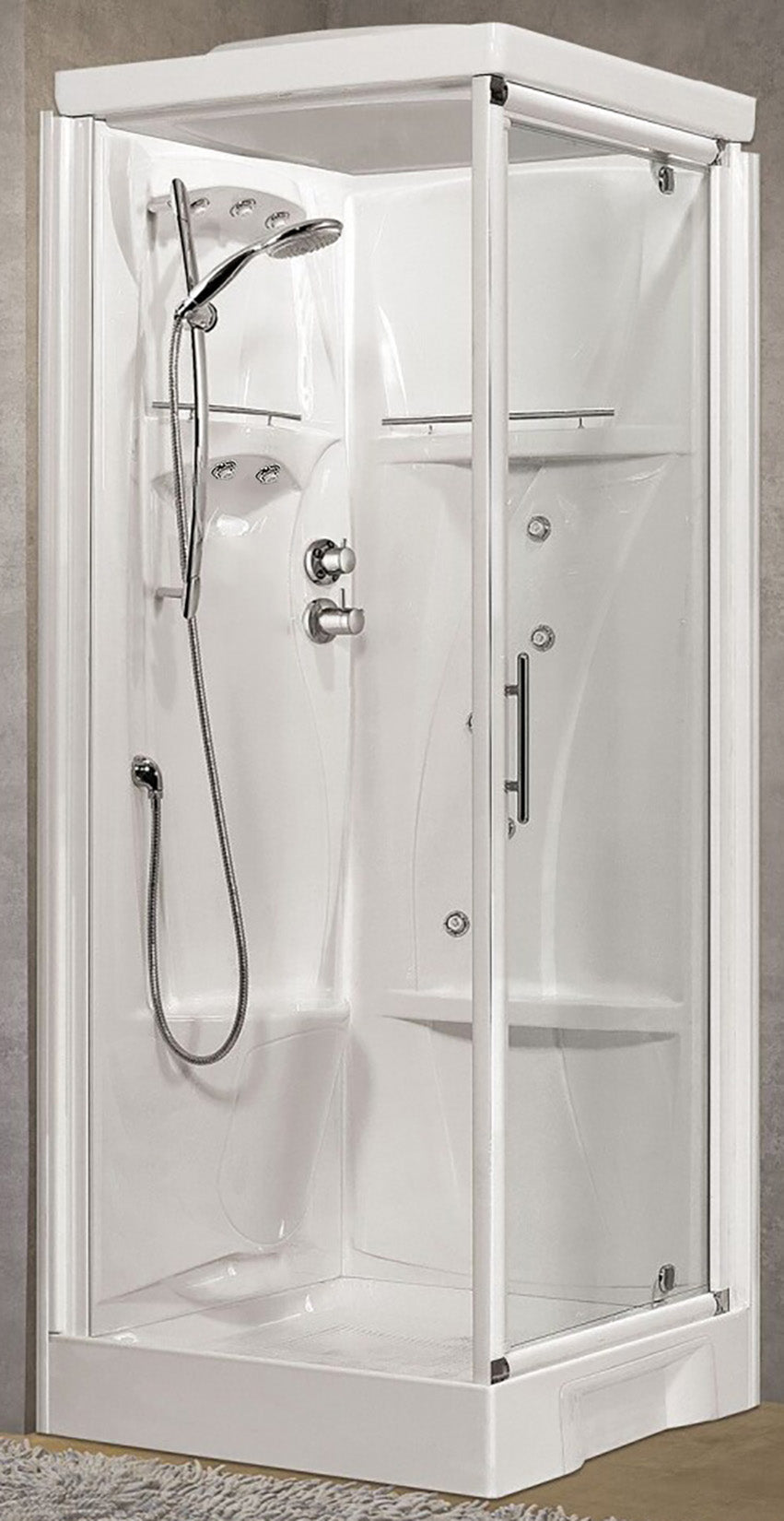 Novellini New Holiday GF80 Idromassaggio Con Tettuccio e Soffione 80x80 cm Cabina Doccia Multifunzione Apertura 1 Anta Battente Con Fisso Laterale Miscelatore Termostatico Vetro Trasparente Profilo Bianco Pannelli Fondo Reversibili Asta Altezza 217,5 cm