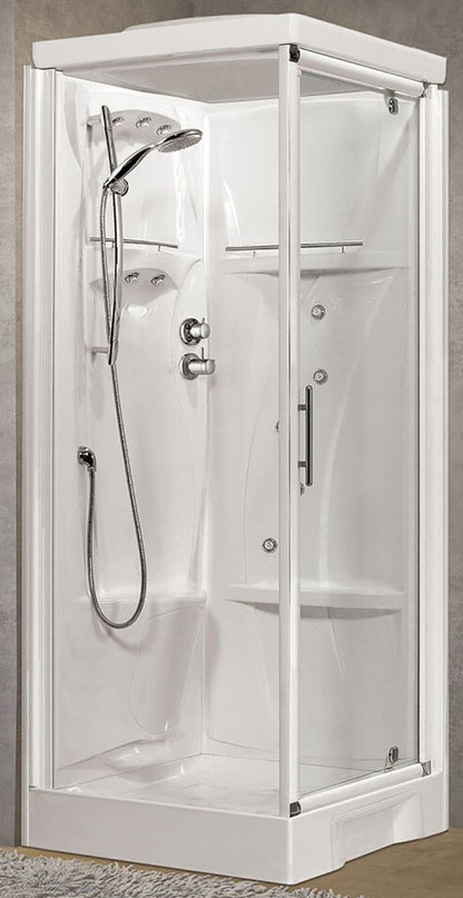 Novellini New Holiday GF80 Idromassaggio Con Tettuccio e Soffione 80x80 cm Cabina Doccia Multifunzione Apertura 1 Anta Battente Con Fisso Laterale Miscelatore Termostatico Vetro Trasparente Profilo Bianco Pannelli Fondo Reversibili Asta Altezza 217,5 cm