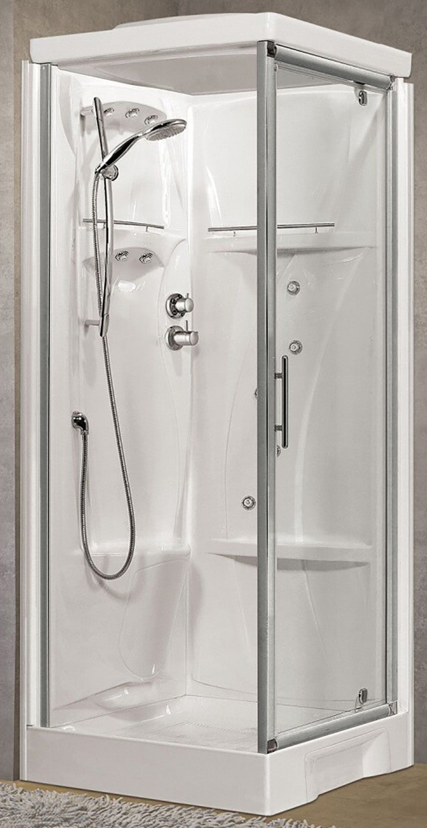 Novellini New Holiday GF80 Idromassaggio Con Tettuccio e Soffione 80x80 cm Cabina Doccia Multifunzione Apertura 1 Anta Battente Con Fisso Laterale Miscelatore Termostatico Vetro Trasparente Profilo Silver Pannelli Fondo Reversibili Asta Altezza 217,5 cm