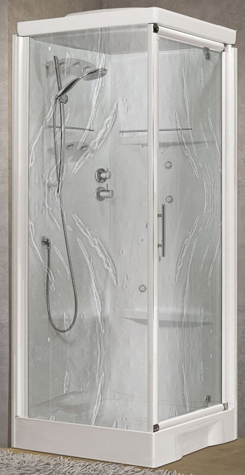 Novellini New Holiday GF80 Idromassaggio Con Tettuccio e Soffione 80x80 cm Cabina Doccia Multifunzione Apertura 1 Anta Battente Con Fisso Laterale Miscelatore Termostatico Vetro Aqua Profilo Bianco Pannelli Fondo Reversibili Asta Saliscendi Alto 217,5 cm