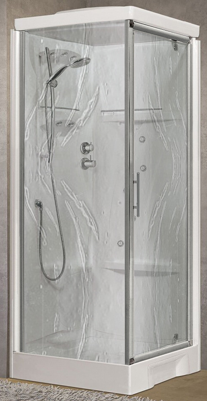 Novellini New Holiday GF80 Idromassaggio Con Tettuccio e Soffione 80x80 cm Cabina Doccia Multifunzione Apertura 1 Anta Battente Con Fisso Laterale Miscelatore Termostatico Vetro Aqua Profilo Silver Pannelli Fondo Reversibili Asta Saliscendi Alto 217,5 cm