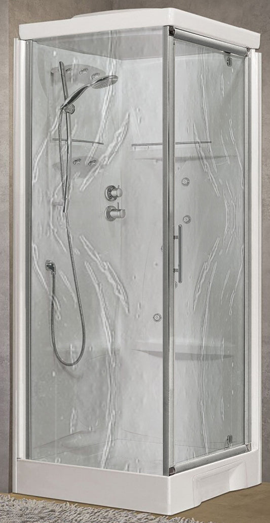 Novellini New Holiday GF80 Idromassaggio Con Tettuccio e Soffione 80x80 cm Cabina Doccia Multifunzione Apertura 1 Anta Battente Con Fisso Laterale Miscelatore Termostatico Vetro Aqua Profilo Silver Pannelli Fondo Reversibili Asta Saliscendi Alto 217,5 cm