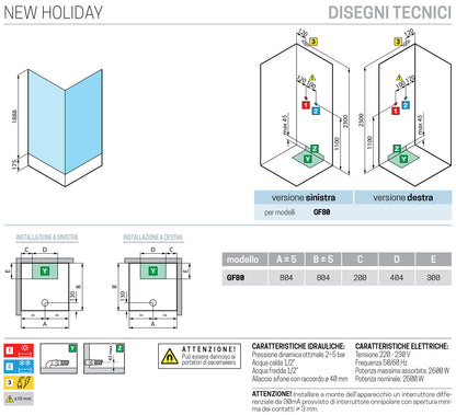Novellini New Holiday GF80 Idromassaggio 80x80 cm Cabina Doccia Multifunzione Apertura 1 Anta Battente Con Fisso Laterale Pannelli Fondo Reversibili Miscelatore Termostatico Vetro Aqua Profilo Bianco Piatto Ripiani Doccetta Rotopioggia Idro Altezza 206 cm