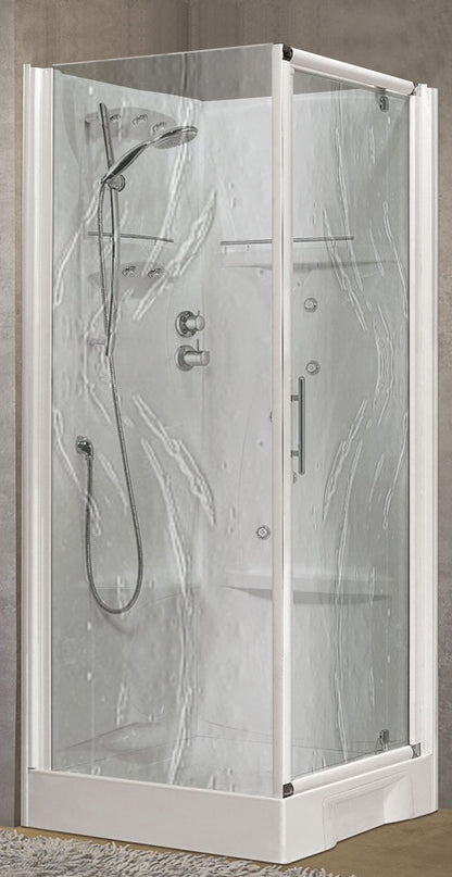 Novellini New Holiday GF80 Idromassaggio 80x80 cm Cabina Doccia Multifunzione Apertura 1 Anta Battente Con Fisso Laterale Pannelli Fondo Reversibili Miscelatore Meccanico Vetro Aqua Profilo Bianco Piatto Ripiani Doccetta Rotopioggia Idro Altezza 206 cm