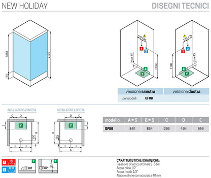 Novellini New Holiday GF80 Standard Con Tettuccio 80x80 cm Cabina Doccia Multifunzione Apertura 1 Anta Battente Con Fisso Laterale Pannelli Fondo Reversibili Miscelatore Termostatico Vetro Aqua Profilo Silver Piatto Ripiani Asta Doccetta Altezza 217,5 cm