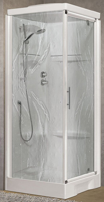 Novellini New Holiday GF80 Standard Con Tettuccio 80x80 cm Cabina Doccia Multifunzione Apertura 1 Anta Battente Con Fisso Laterale Pannelli Fondo Reversibili Miscelatore Termostatico Vetro Aqua Profilo Bianco Piatto Ripiani Asta Doccetta Altezza 217,5 cm