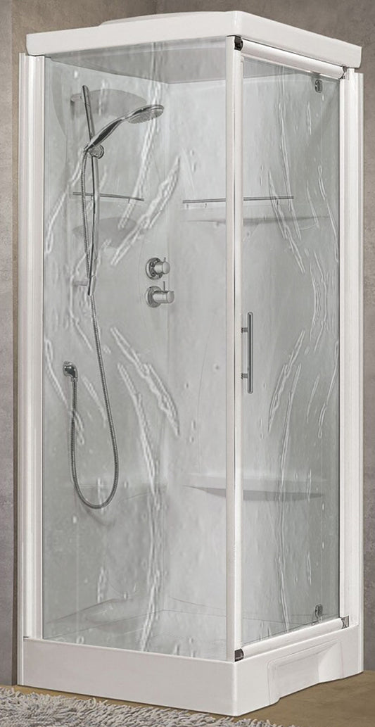 Novellini New Holiday GF80 Standard Con Tettuccio 80x80 cm Cabina Doccia Multifunzione Apertura 1 Anta Battente Con Fisso Laterale Pannelli Fondo Reversibili Miscelatore Termostatico Vetro Aqua Profilo Bianco Piatto Ripiani Asta Doccetta Altezza 217,5 cm