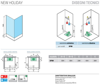 Novellini New Holiday GF80 Standard 80x80 cm Cabina Doccia Multifunzione Apertura 1 Anta Battente Con Fisso Laterale Installazione Pannelli Fondo Reversibili Miscelatore Meccanico Vetro Aqua Profilo Bianco Piatto Ripiani Asta Saliscendi Altezza 206 cm