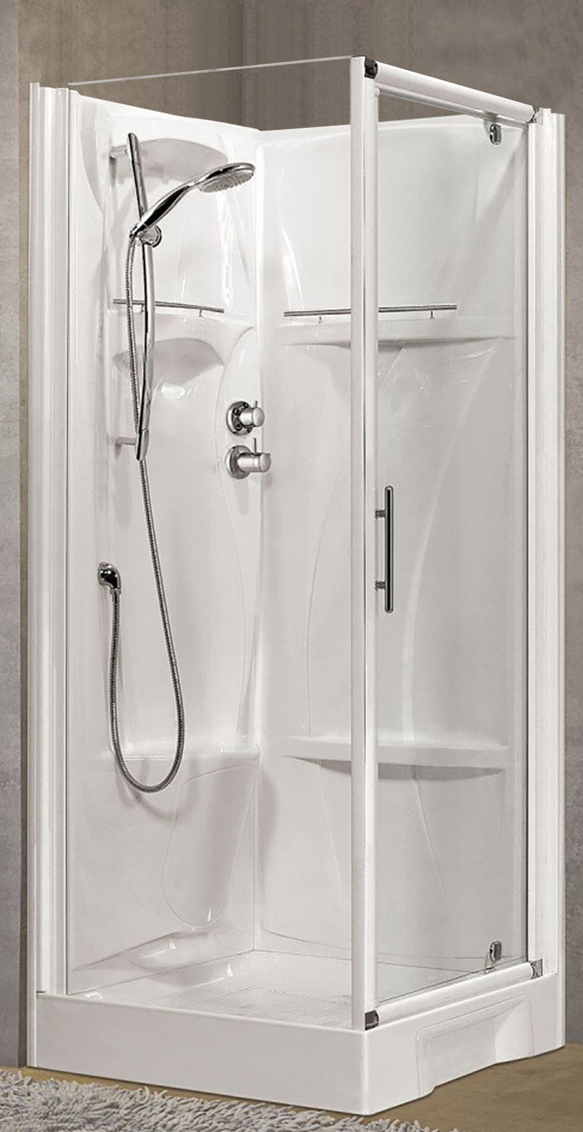 Novellini New Holiday GF80 Standard 80x80 cm Cabina Doccia Multifunzione Apertura 1 Anta Battente Con Fisso Laterale Installazione Pannelli Fondo Reversibili Miscelatore Meccanico Vetro Trasparente Profilo Bianco Piatto Ripiani Doccetta Altezza 206 cm