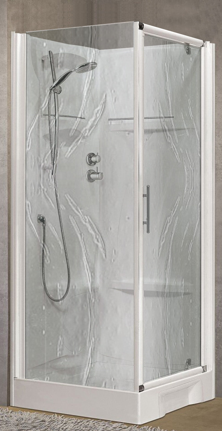 Novellini New Holiday GF80 Standard 80x80 cm Cabina Doccia Multifunzione Apertura 1 Anta Battente Con Fisso Laterale Installazione Pannelli Fondo Reversibili Miscelatore Meccanico Vetro Aqua Profilo Bianco Piatto Ripiani Asta Saliscendi Altezza 206 cm