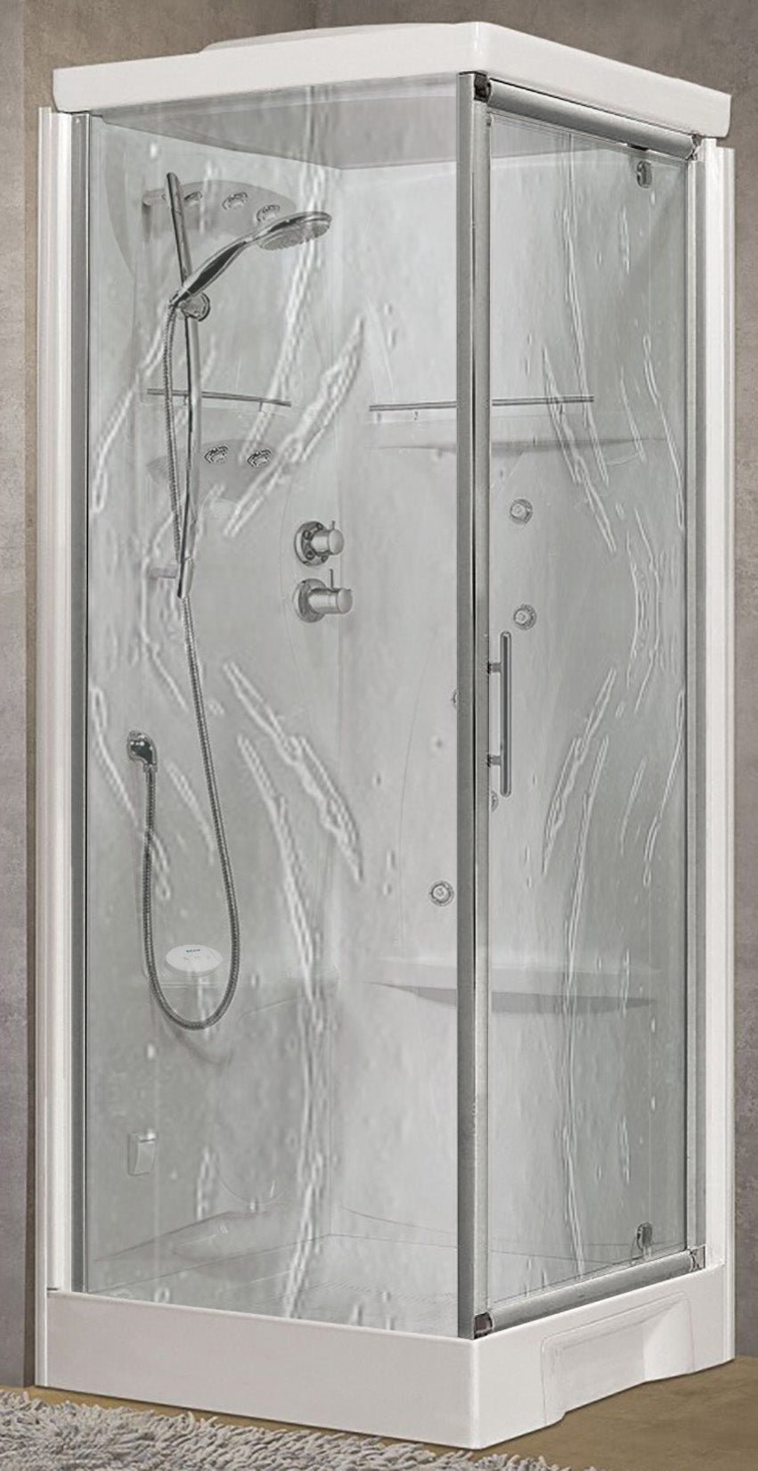 Novellini New Holiday GF90 Hammam 90x90 cm Cabina Doccia Multifunzione Apertura 1 Anta Battente Angolo Destro Sinistro Miscelatore Meccanico Vetro Aqua Profilo Silver Idro Sauna Tettuccio Soffione Radio Telecomando Asta Saliscendi Doccetta Altezza 225,5cm