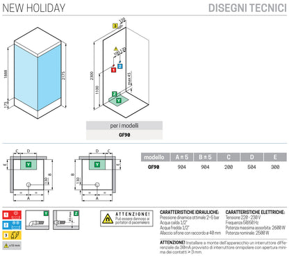 Novellini New Holiday GF90 Idromassaggio Con Tettuccio e Soffione 90x90 cm Cabina Doccia Multifunzione Apertura 1 Anta Battente Con Fisso Angolare Destro Sinistro Miscelatore Termostatico Vetro Aqua Profilo Bianco Asta Saliscendi Rotopioggia Alto 217,5 cm