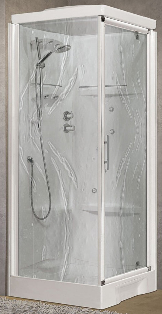 Novellini New Holiday GF90 Idromassaggio Con Tettuccio e Soffione 90x90 cm Cabina Doccia Multifunzione Apertura 1 Anta Battente Con Fisso Angolare Destro Sinistro Miscelatore Meccanico Vetro Aqua Profilo Bianco Asta Saliscendi Rotopioggia Altezza 217,5 cm