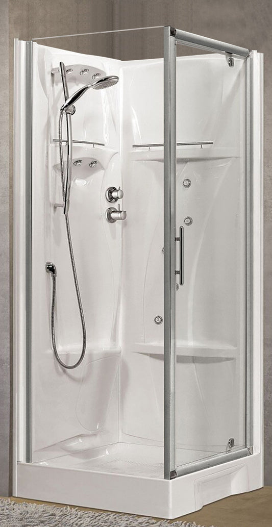 Novellini New Holiday GF90 Idromassaggio 90x90 cm Cabina Doccia Multifunzione Apertura 1 Anta Battente Con Fisso Angolo Destro Sinistro Miscelatore Termostatico Vetro Trasparente Profilo Silver Piatto Ripiani Doccetta Mano Rotopioggia Seduta Altezza 206cm