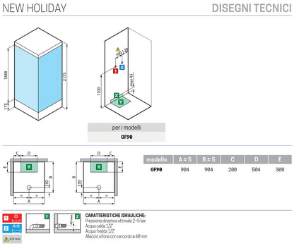 Novellini New Holiday GF90 Standard Con Tettuccio 90x90 cm Cabina Doccia Multifunzione Apertura 1 Anta Battente Con Fisso Angolo Destro Sinistro Miscelatore Termostatico Vetro Aqua Profilo Bianco Piatto Ripiani Asta Doccetta a Mano Seduta Altezza 217,5 cm