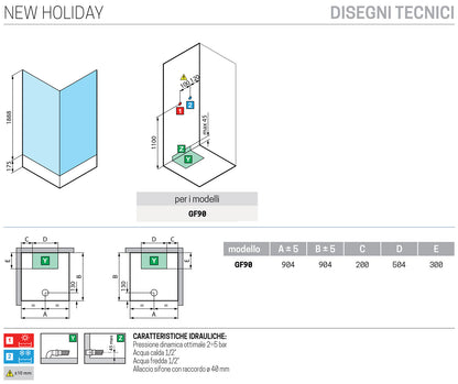 Novellini New Holiday GF90 Standard 90x90 cm Cabina Doccia Multifunzione Apertura 1 Anta Battente Con Fisso Laterale Installazione Angolare Destra Sinistra Miscelatore Meccanico Vetro Trasparente Profilo Bianco Piatto Ripiani Doccetta Seduta Altezza 206cm