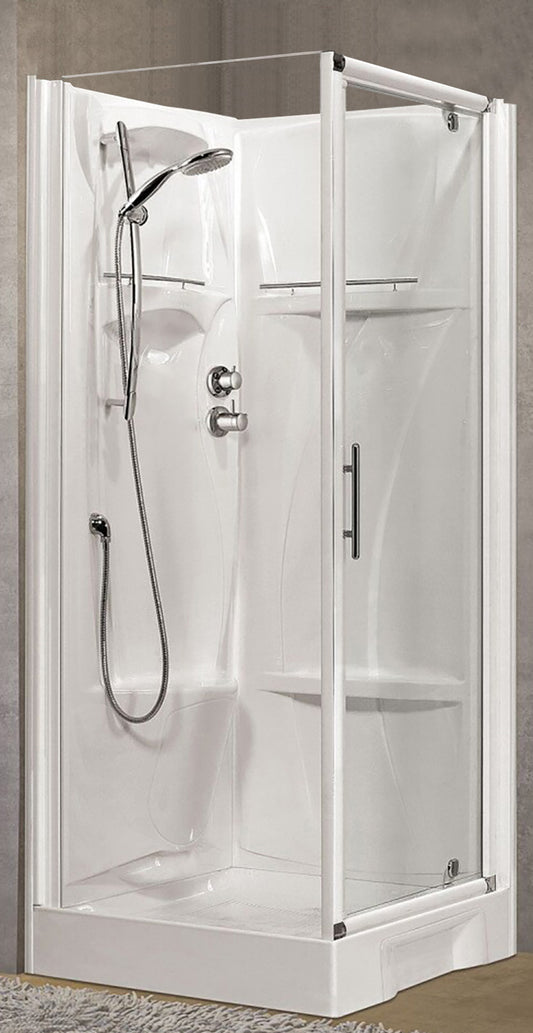 Novellini New Holiday GF90 Standard 90x90 cm Cabina Doccia Multifunzione Apertura 1 Anta Battente Con Fisso Laterale Installazione Angolare Destra Sinistra Miscelatore Termostatico Vetro Trasparente Profilo Bianco Piatto Ripiani Doccetta Seduta Alto 206cm