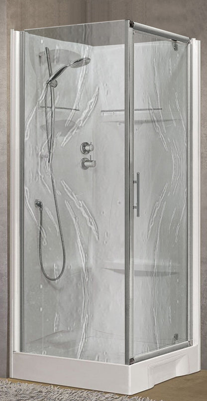 Novellini New Holiday GF90 Standard 90x90 cm Cabina Doccia Multifunzione Apertura 1 Anta Battente Con Fisso Laterale Installazione Angolare Destra Sinistra Miscelatore Termostatico Vetro Aqua Profilo Silver Piatto Ripiani Doccetta Mano Seduta Alto 206 cm
