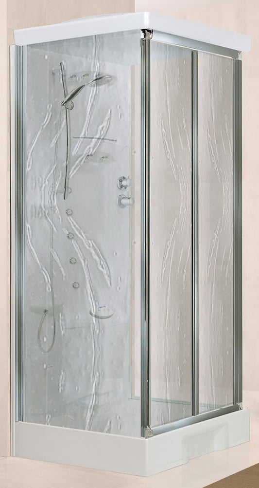 Novellini New Holiday S2F Hammam 100x80 cm Cabina Doccia Multifunzione Apertura 2 Ante Soffietto 2 Fissi Laterali Installazione Muro Miscelatore Termostatico Vetro Aqua Profilo Silver Idro Sauna Tettuccio Soffione Radio Asta Doccetta Mano Altezza 225,5 cm