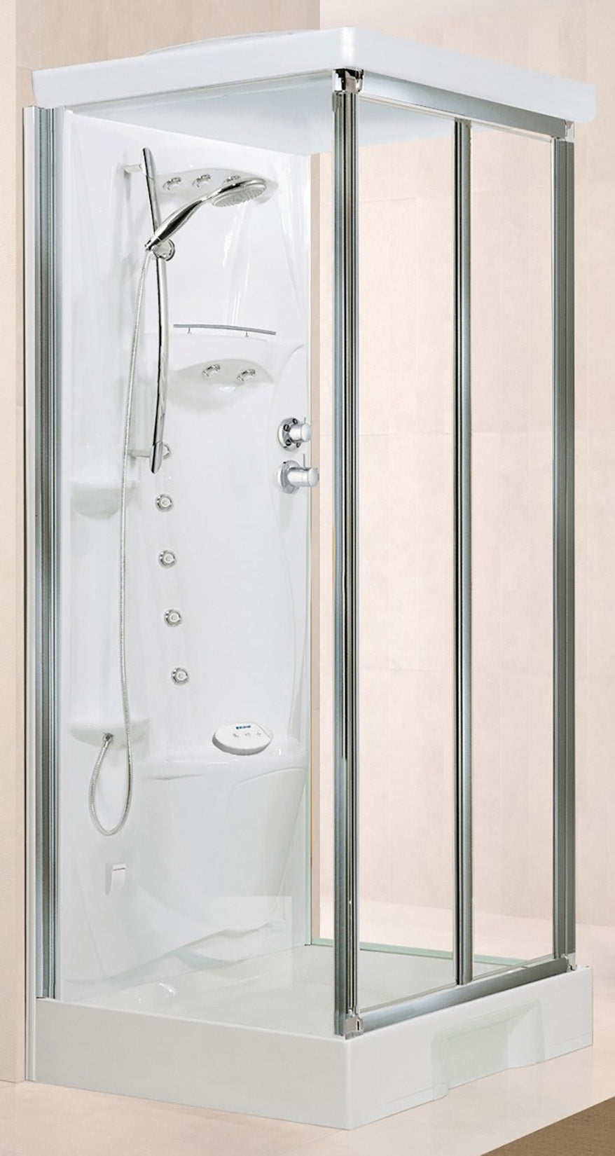 Novellini New Holiday S2F Hammam 100x80 cm Cabina Doccia Multifunzione Apertura 2 Ante Soffietto 2 Fissi Laterali Installazione Muro Miscelatore Meccanico Vetro Trasparente Profilo Silver Idro Sauna Tettuccio Soffione Radio Asta Doccetta Altezza 225,5 cm