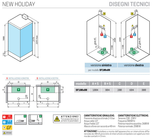 Novellini New Holiday SF Hammam 100x80 cm Cabina Doccia Multifunzione Apertura 2 Ante Soffietto Miscelatore Meccanico Vetro Aqua Profilo Silver Pannelli Reversibili Idro Sauna Tettuccio Soffione Tondo Radio Telecomando Asta Doccetta Mano Altezza 225,5 cm
