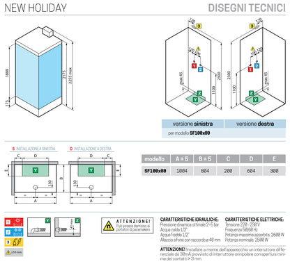 Novellini New Holiday SF Hammam 100x80 cm Cabina Doccia Multifunzione Apertura 2 Ante Soffietto Miscelatore Meccanico Vetro Trasparente Profilo Silver Pannelli Reversibili Idro Sauna Tettuccio Soffione Radio Telecomando Asta Doccetta Mano Altezza 225,5 cm
